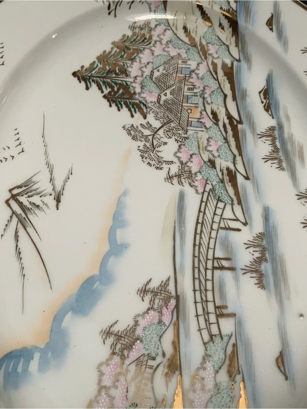Vintage Hand-painted Kutani Porcelain 15” oval serving platter, Gold Trim, Japan